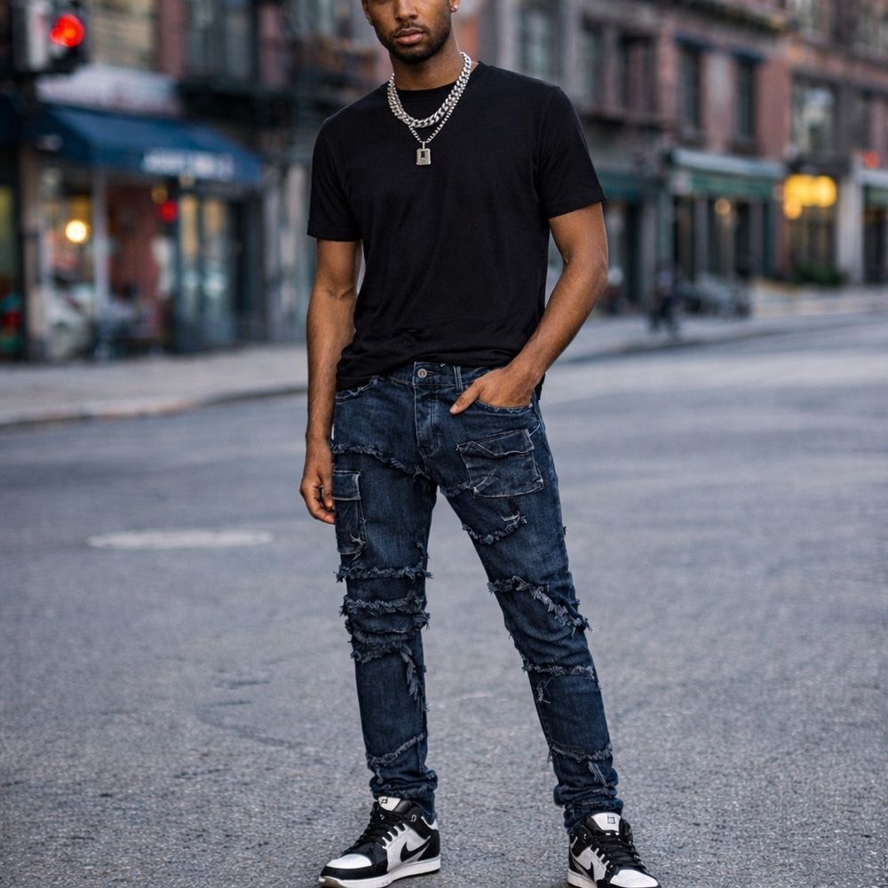 Valabasas Distinct Skinny Cut And Sew Patchwork Cargo Skinny Jeans Black 34
